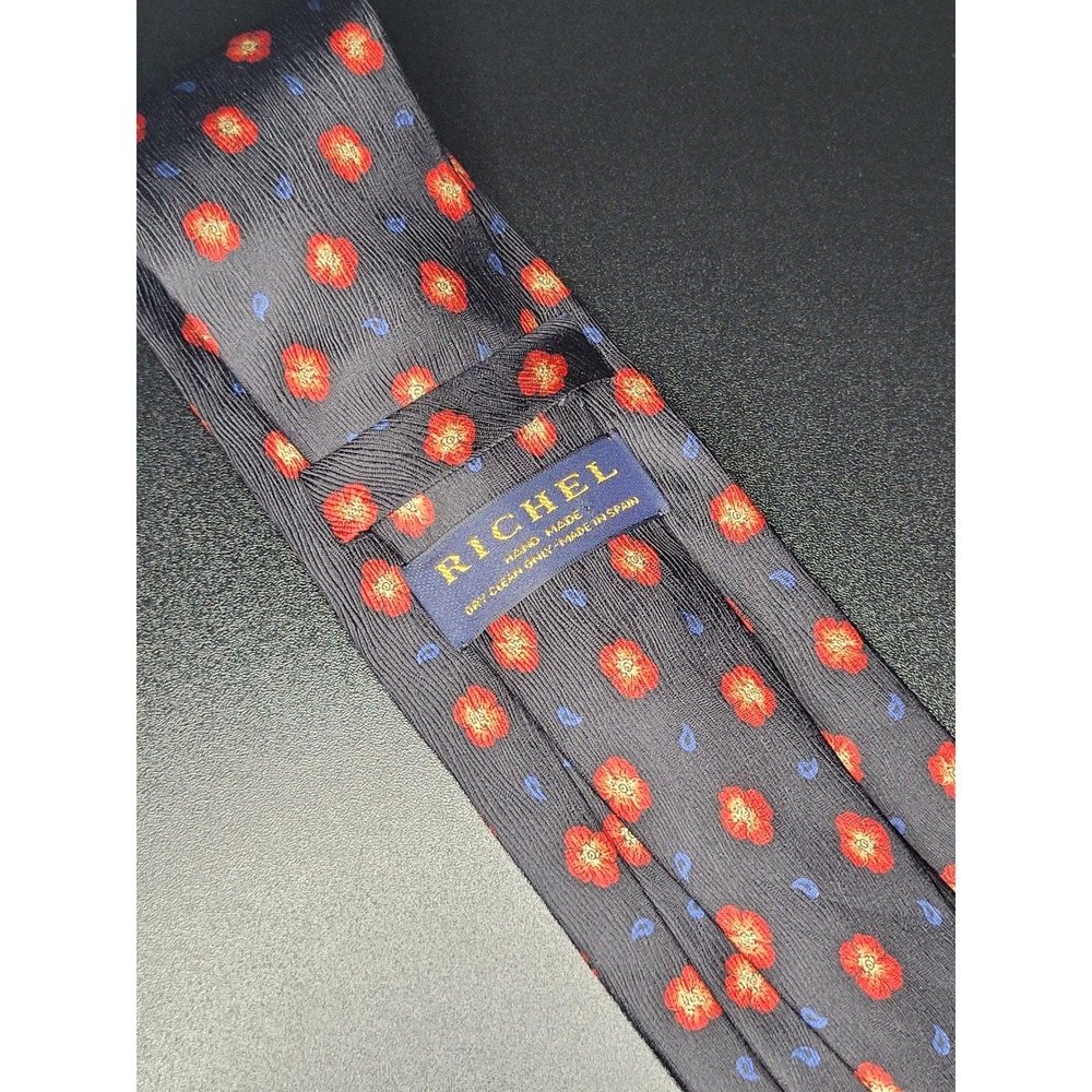 Richel Necktie Black Red Floral Blue Paisley 100% Silk Hand Made Spain Excellent